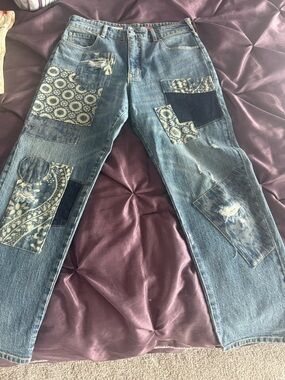 Anthropologie Indigo Patchwork Straight-Leg Jeans